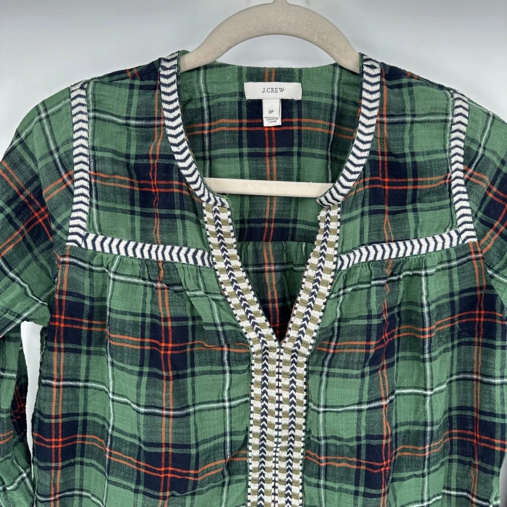 J Crew Womens Green Plaid Embroidered Cotton Gauze Split Neck Blouse‎ 0P Cottage